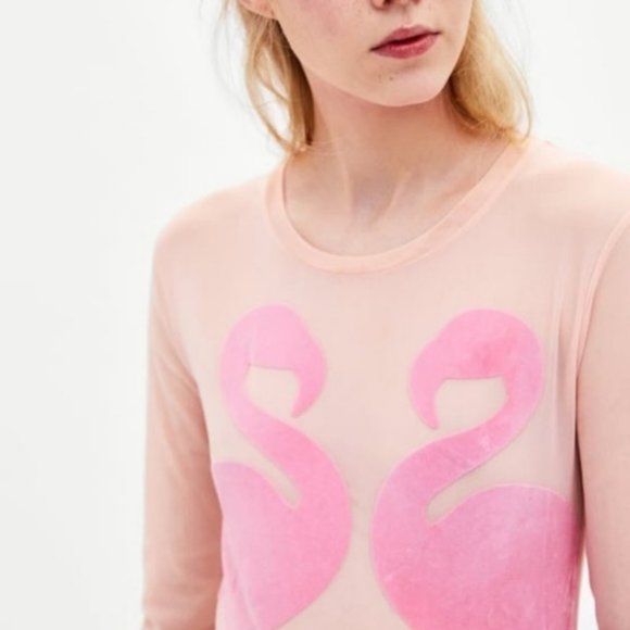 Zara Flamingo Bird Sheer Mesh Bodysuit Velvet Velo - Picture 2 of 8